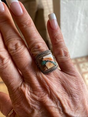 Sterling Silver Multi-Stone Artisan Ring - Turquoise, White & Orange